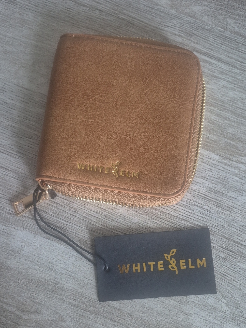 White Elm Tan Zip Wallet with Gold Logo and Aqua Interior